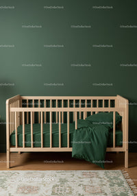 Modern Wooden Baby Crib with Green Bedding in Nursery Interior