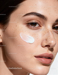 Close up of woman applying cream on freckled skin