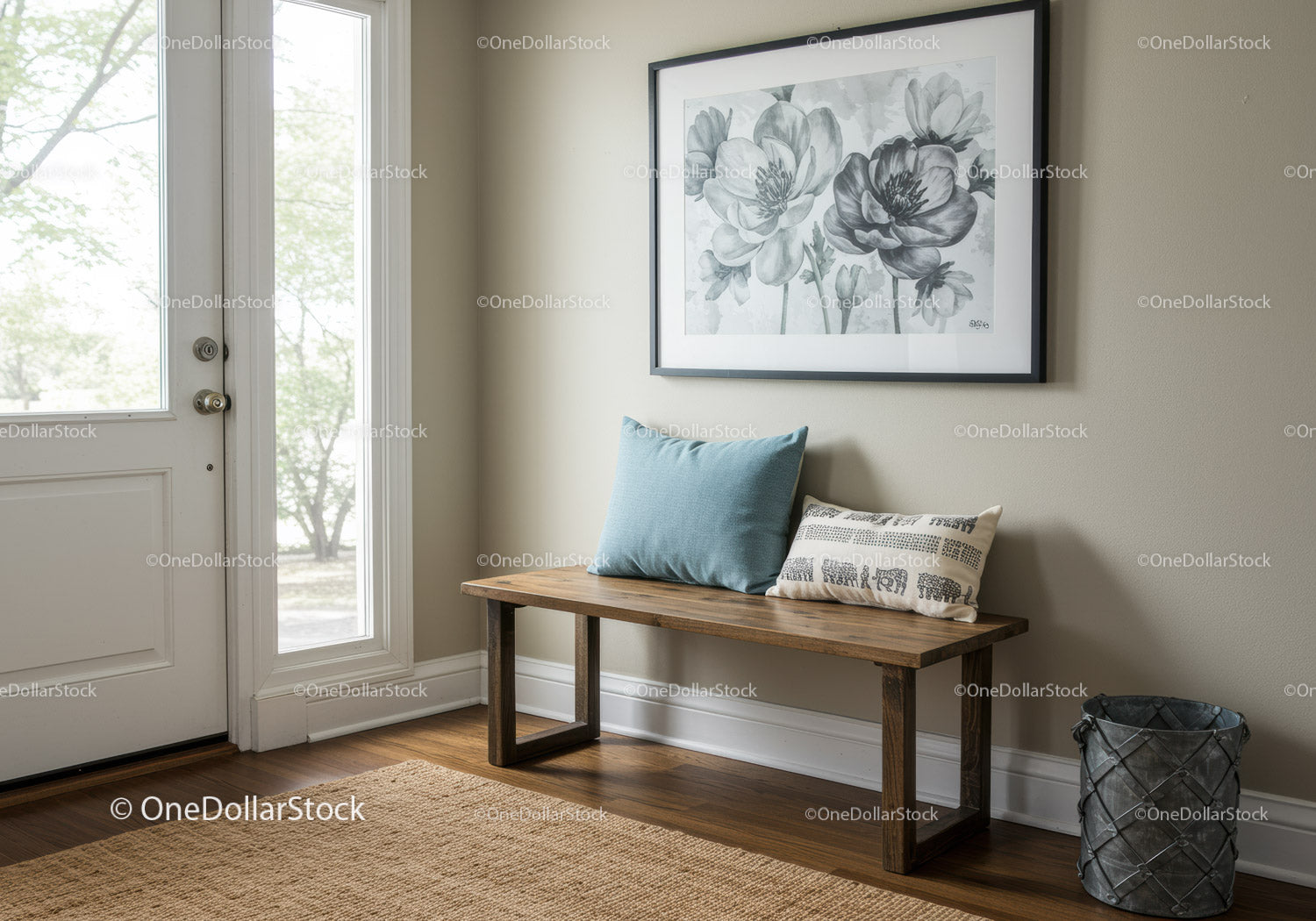 Elegant Interior with Flower Artwork and Wooden Bench in Cozy Entryway