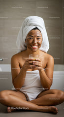 Woman Doing Facial Skincare with Towel Wrapped Head and Glass of Cream