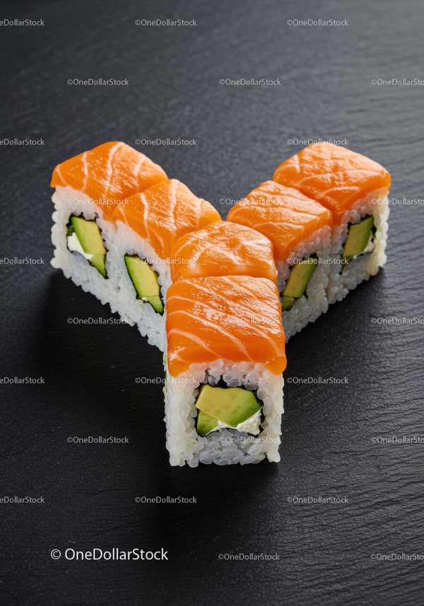 Salmon avocado sushi rolls arranged on black surface