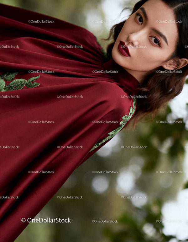 Elegant woman in deep red embroidered dress outdoors