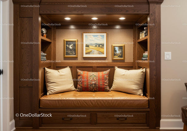 Cozy Built-In Wooden Bench with Pillows and Wall Art