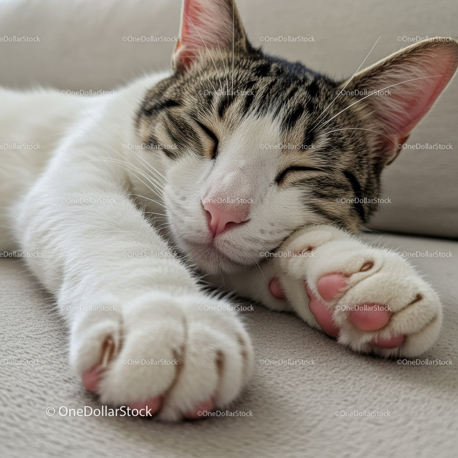 Sleeping tabby cat stretching paws on soft surface