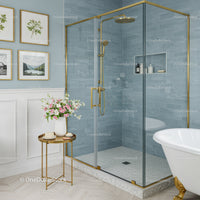 Modern bathroom with glass shower and floral decor