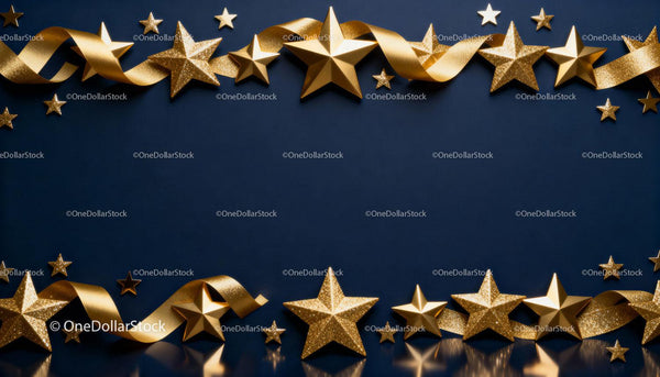 Golden Stars and Ribbon on Dark Blue Background