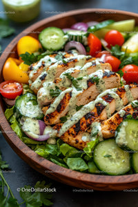Grilled Chicken Salad with Cherry Tomatoes Cucumbers and Red Onions