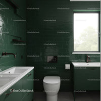 Modern Bathroom with Green Tiles and Copper Fixtures in Bright Interior