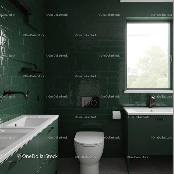 Modern Bathroom with Green Tiles and Copper Fixtures in Bright Interior