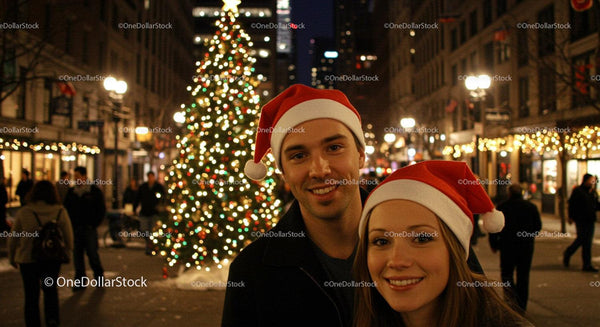 Couple wearing Santa hats by decorated Christmas tree