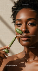 Portrait of a Black Woman Using Jade Roller for Skincare and Relaxation