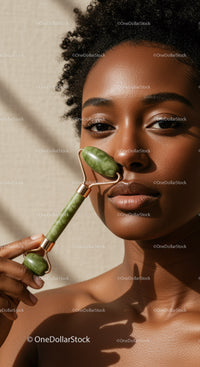 Portrait of a Black Woman Using Jade Roller for Skincare and Relaxation