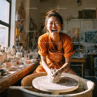 Joyful Woman Creating Handmade Pottery in Artistic Studio