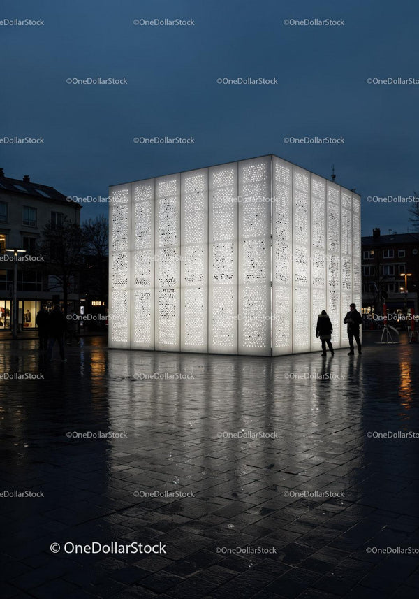 Modern Illuminated Building with LED Facade in Urban Night Scene JPG Mockup Image