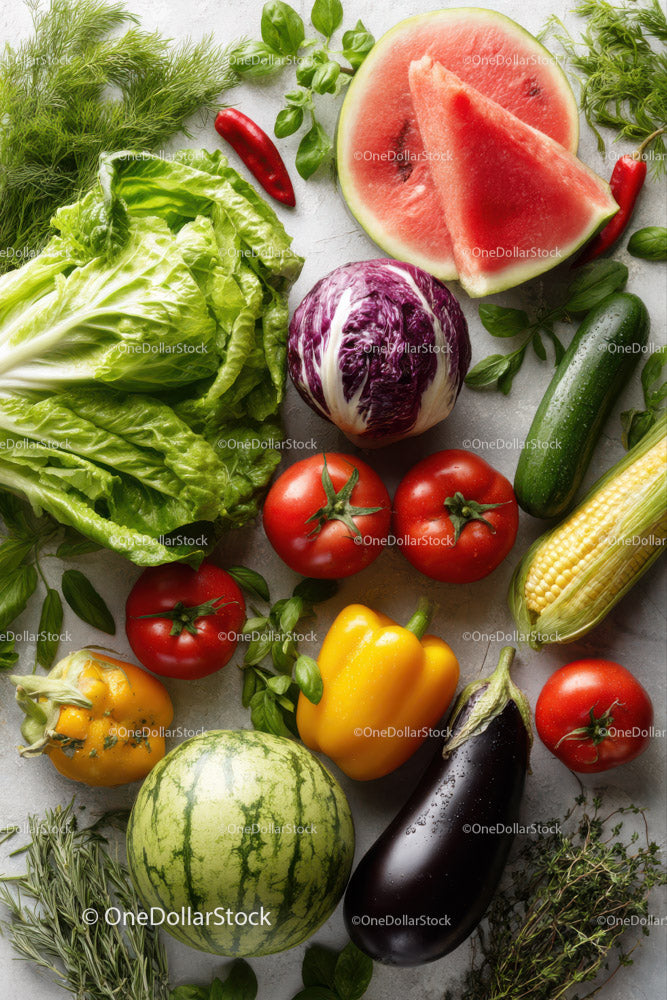 Fresh Vegetables and Fruit with Watermelon and Herbs in Bright Colors
