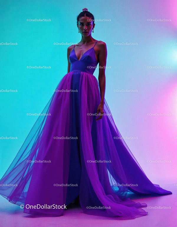 Elegant Woman in Purple Tulle Evening Gown on Studio Set