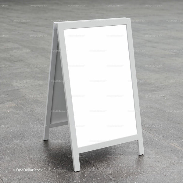 Blank white sandwich board sign on gray pavement JPG Mockup Image