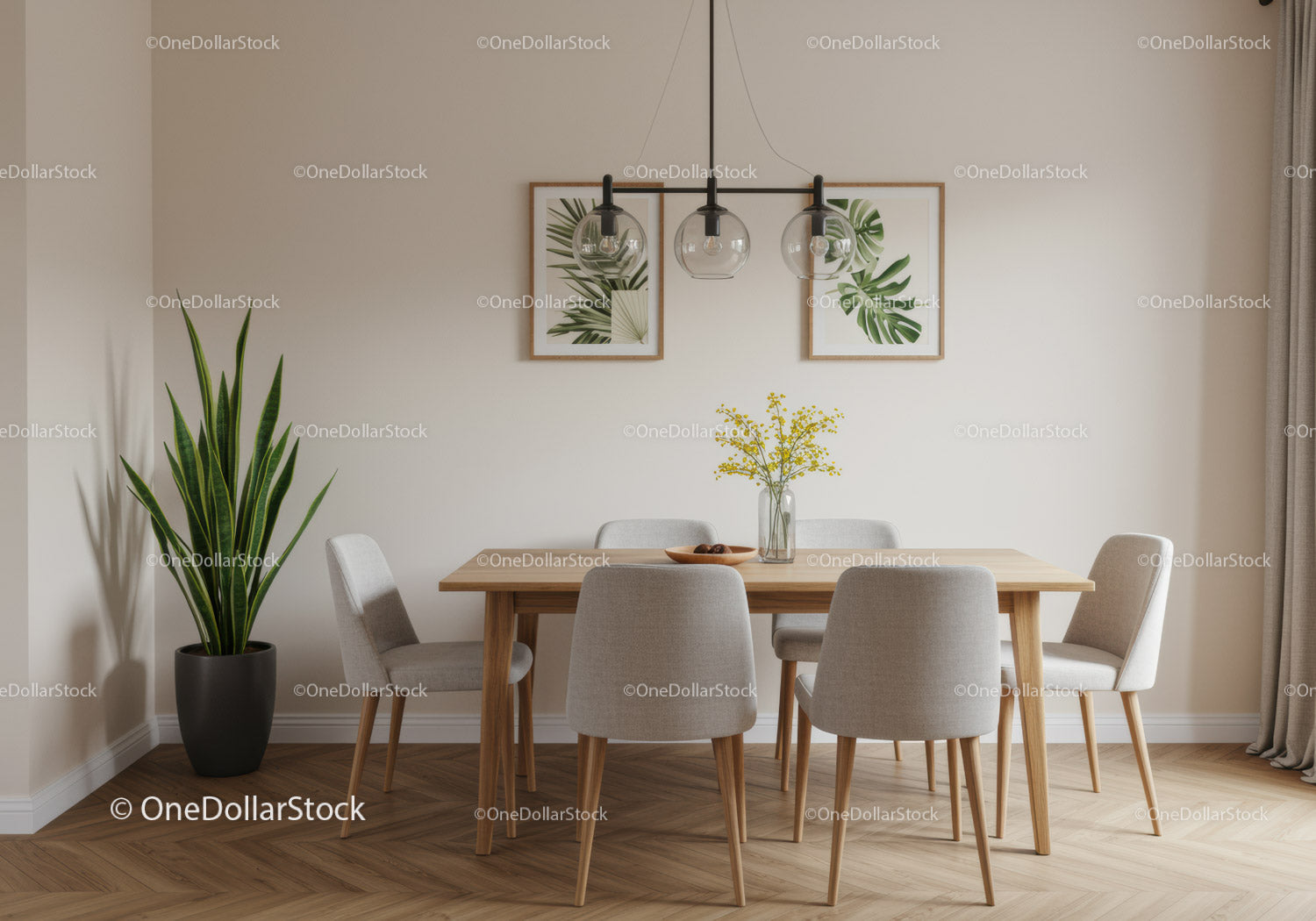 Nowoczesna jadalnia z drewnianym stołem i zieloną roślinną grafiką ścienną