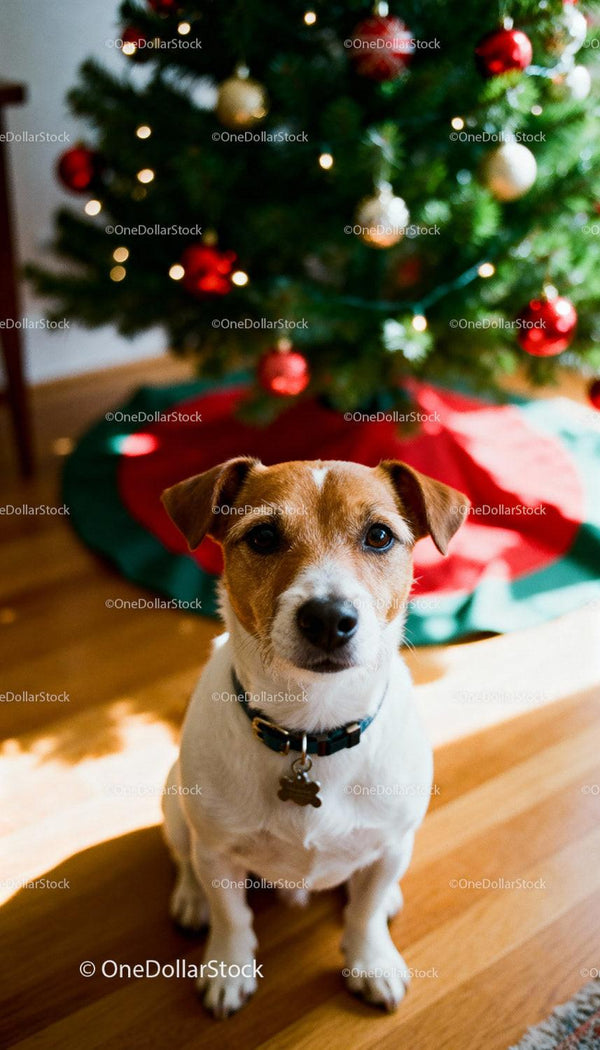 Jack Russell Terrier siedzący przy udekorowanej choince