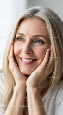 Bright Smiling Mature Woman with Blonde Hair and Blue Eyes