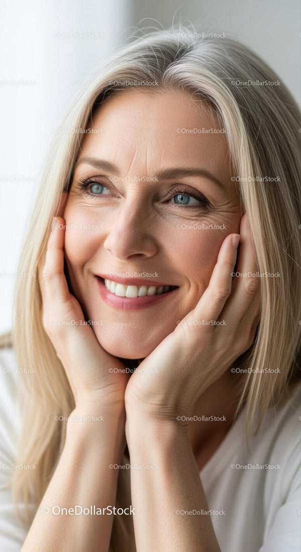 Bright Smiling Mature Woman with Blonde Hair and Blue Eyes