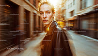 Chic Woman in Brown Coat Walking Through Busy City Street