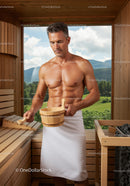Male Man Relaxing in Sauna with Mountain View in Natural Setting