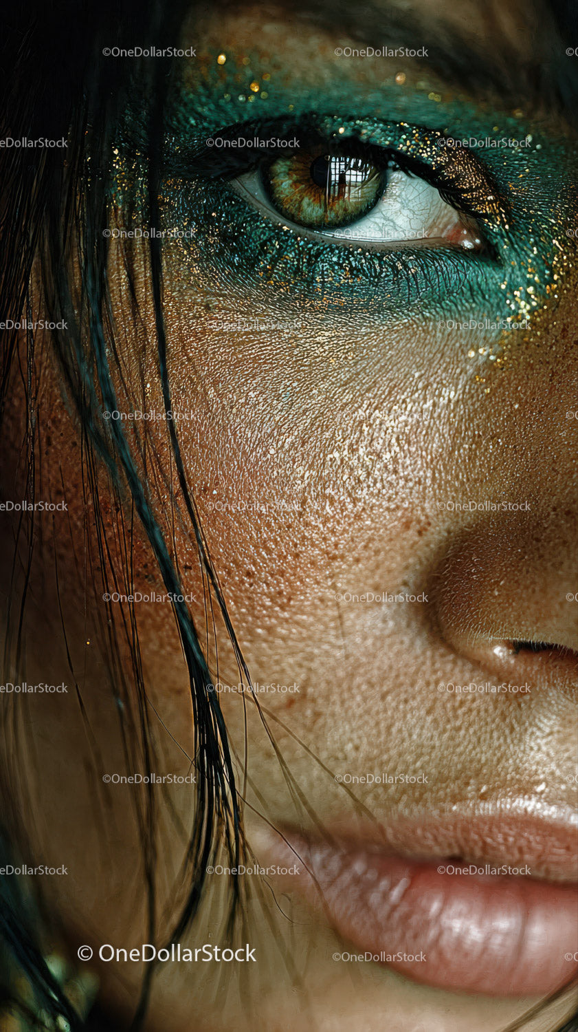 Close-up of a Human Eye with Vibrant Glitter and Metallic Makeup