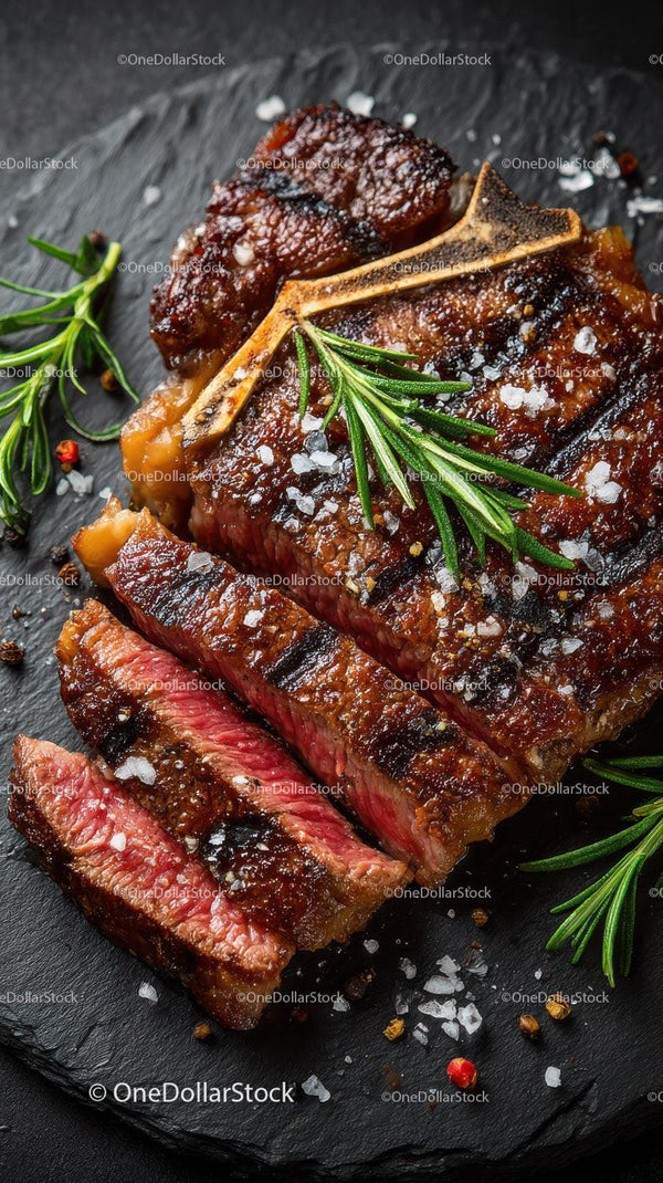 Juicy Grilled Ribeye Steak with Herbs on Slate Plate