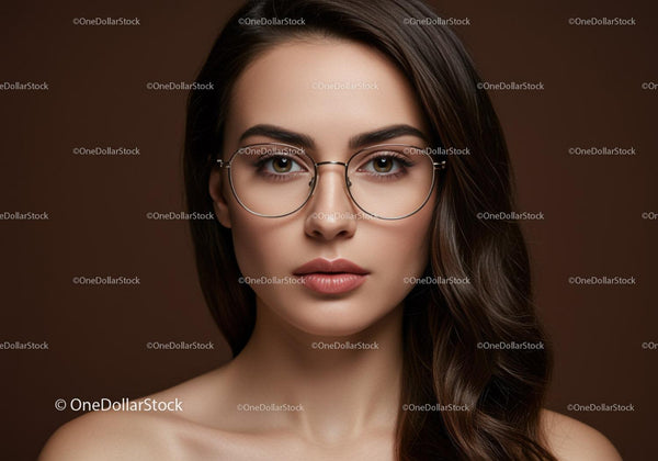 Elegancka młoda kobieta w okularach z brązowymi włosami na portrecie studyjnym