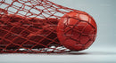 Red Soccer Ball in Goal Net with Dynamic Sports Atmosphere