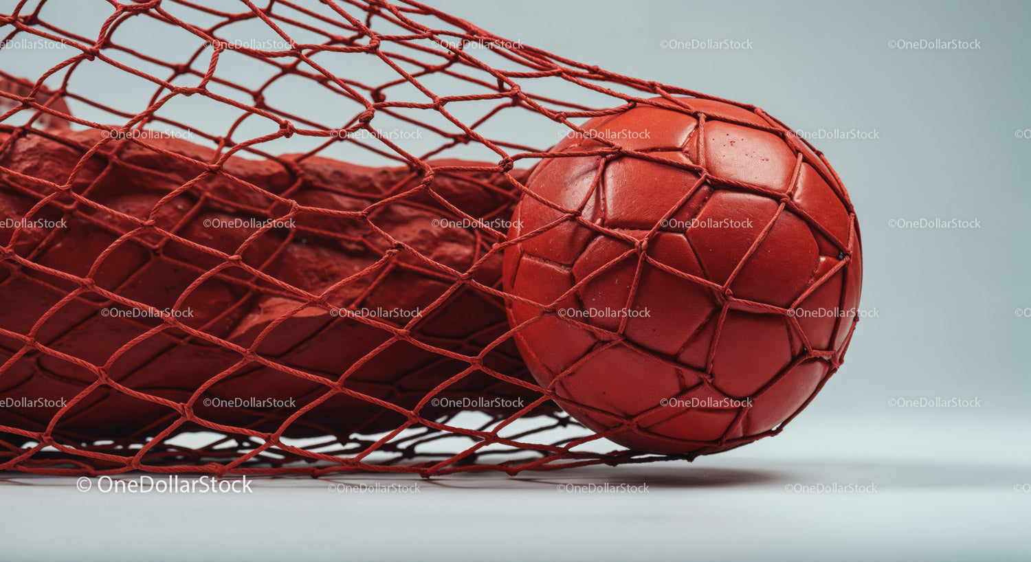Red Soccer Ball in Goal Net with Dynamic Sports Atmosphere