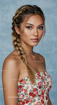 Elegant Young Woman with Braided Hair Wearing Floral Dress
