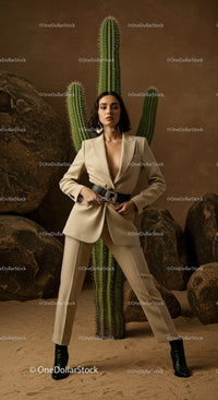 Elegant Model in Brown Suit Posing Amidst Desert Rocks