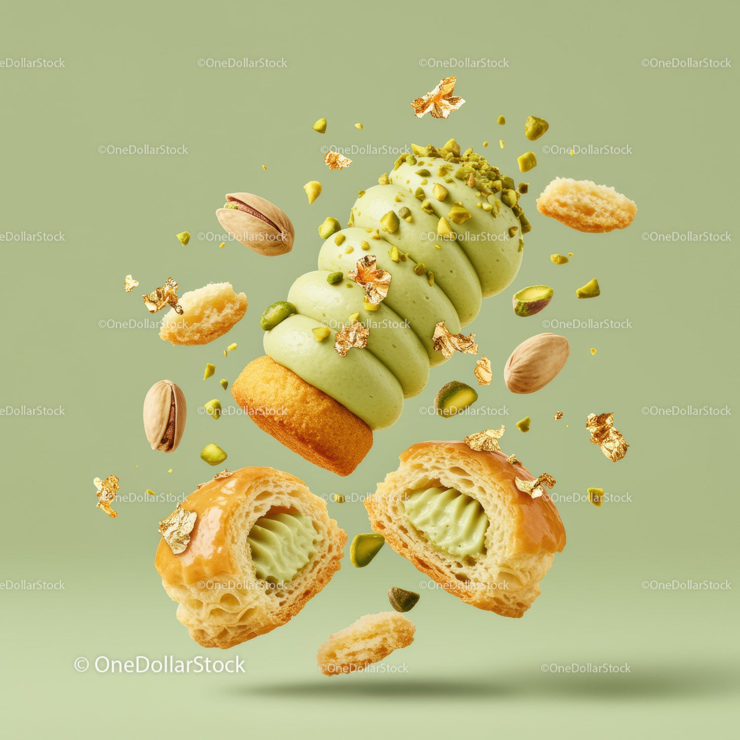 Delikatne ciasto pistacjowe z kremem i chrupiącymi dodatkami