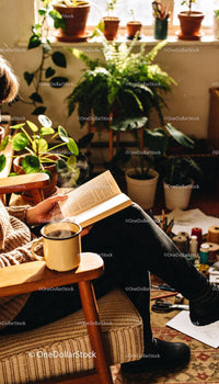 Cozy scene of person reading book with warm drink