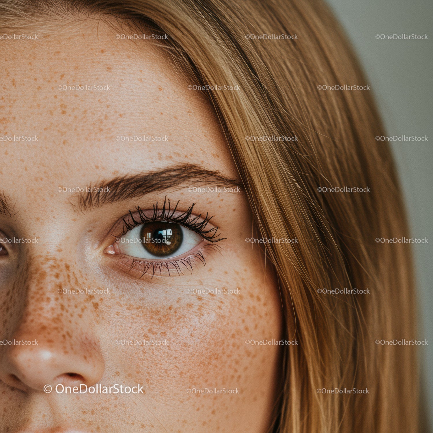 Close up of freckled young woman with expressive eyes