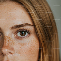Close up of freckled young woman with expressive eyes