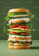 Stacked grilled chicken sandwich with fresh vegetables