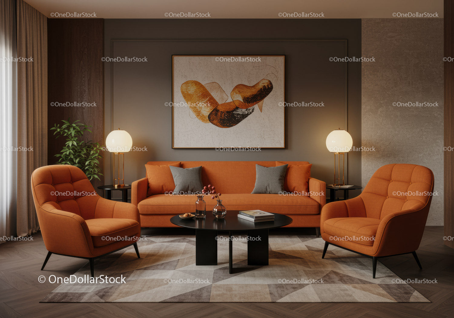 Modern living room with vibrant orange seating and art