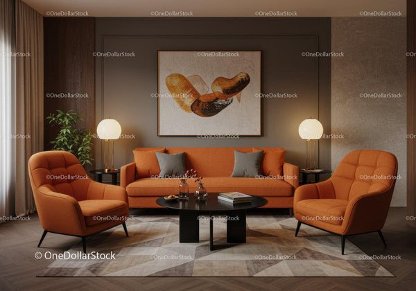 Modern living room with vibrant orange seating and art