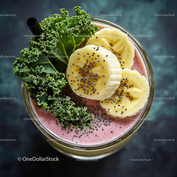 Plastry banana i jarmuż jako ozdoba w orzeźwiającej różowej misce smoothie