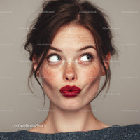 Freckled Woman with Red Lipstick and Expressive Eyes