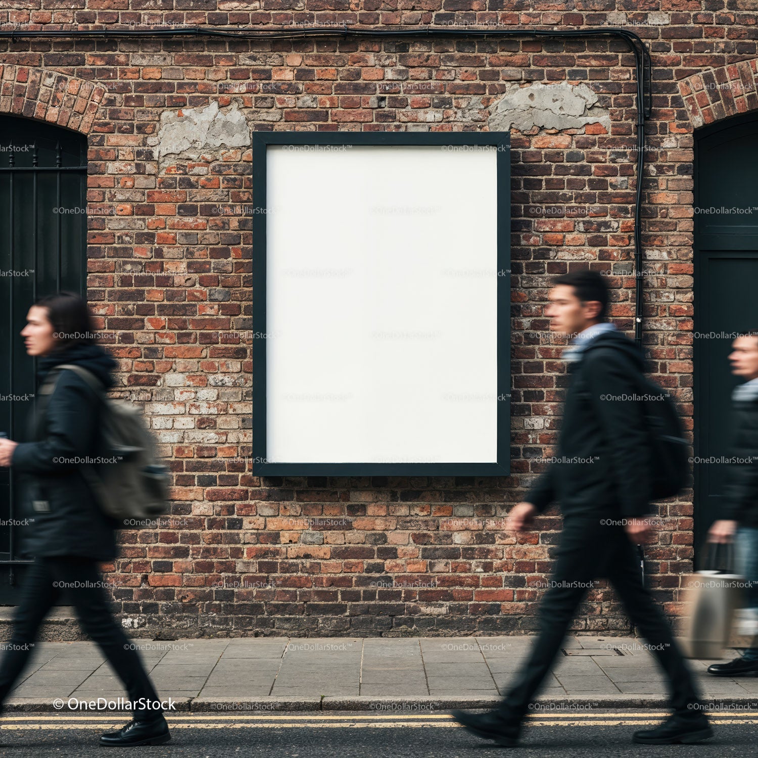 Blank Urban Billboard on Brick Wall with Passing People