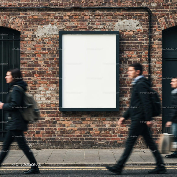 Blank Urban Billboard on Brick Wall with Passing People JPG Mockup Image