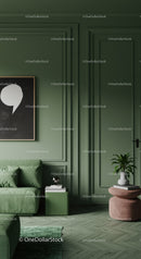 Green Interior Wall with Modern Living Room Decor and Couch