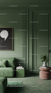 Green Interior Wall with Modern Living Room Decor and Couch