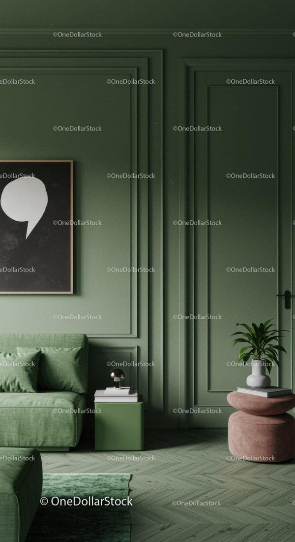 Green Interior Wall with Modern Living Room Decor and Couch
