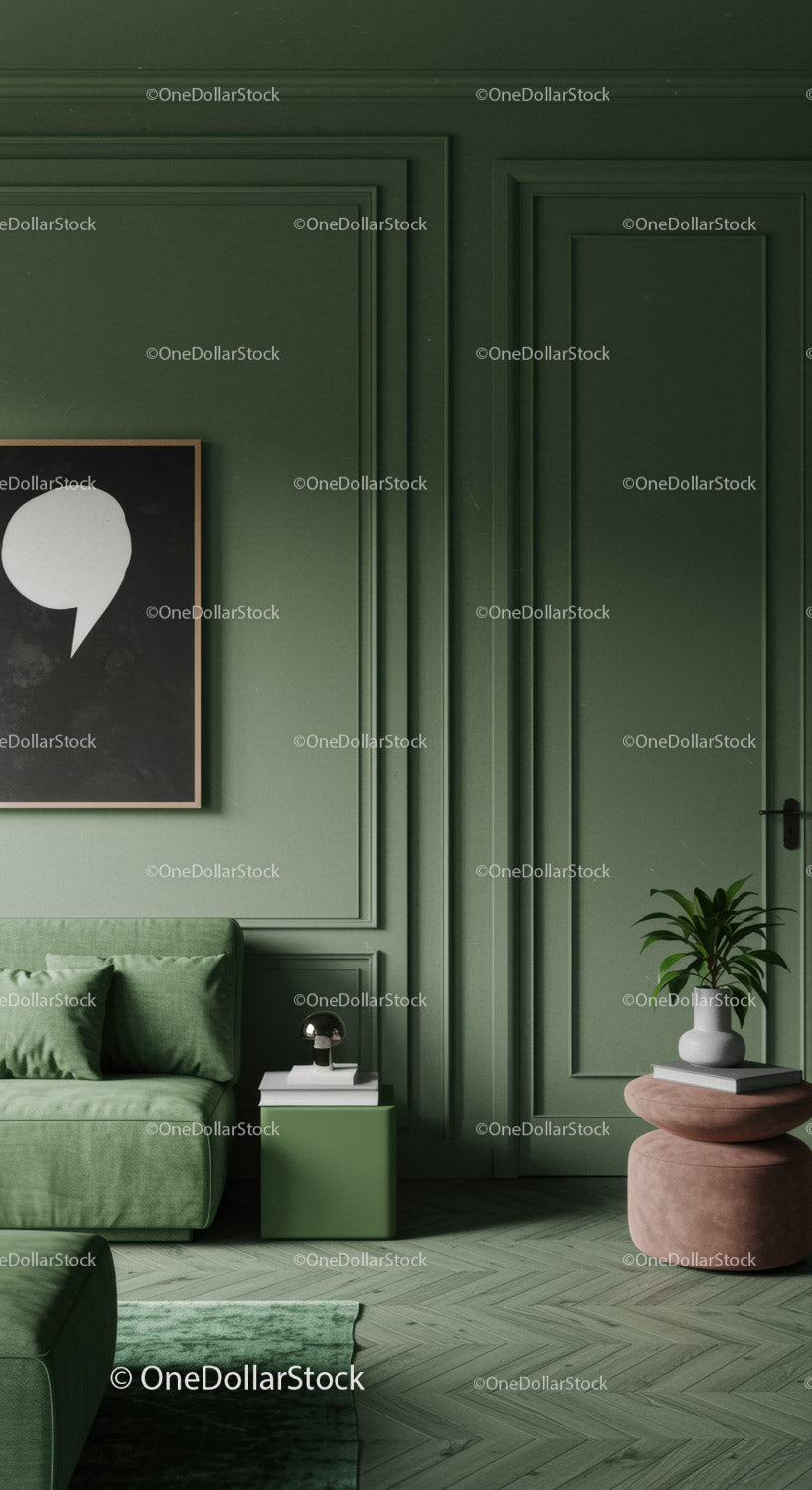 Green Interior Wall with Modern Living Room Decor and Couch
