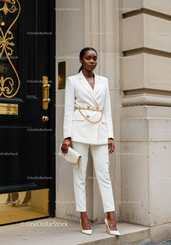 Elegant woman in white suit standing by ornate door